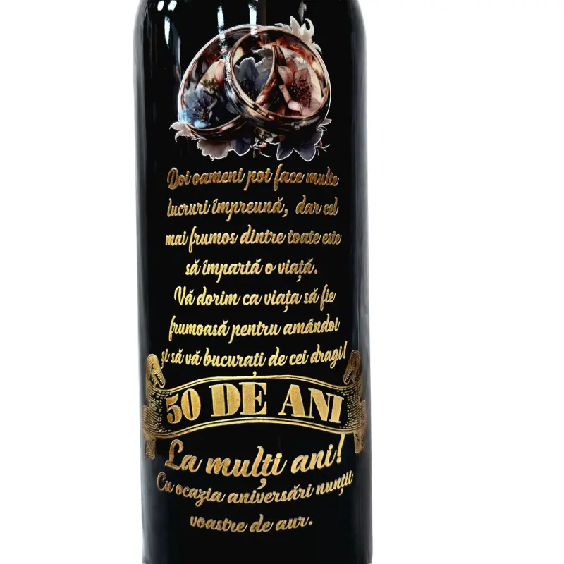 50 de ani aniversare, suport din metal cu sticla vin personalizata cu mesaj si 2 pahare personalizate 50 de ani impreuna